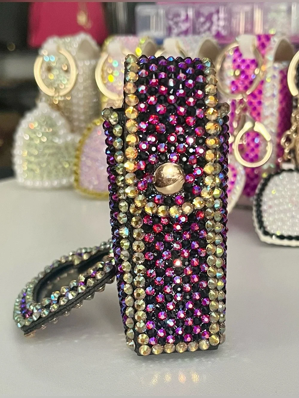 Hand Crafted Midnight Luxury Crystal Lipstick Holder and Mirror Keychain